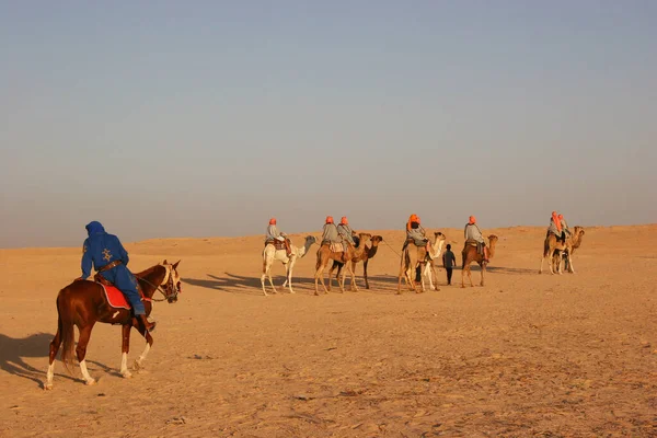 Vista Gente Montando Camellos Desierto — Foto de Stock