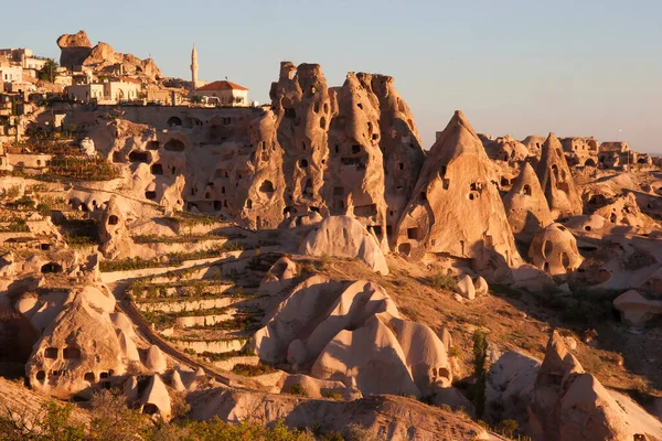 Famous Ancient Rock Dwellings Cappadocia Turkey Illuminated Early Morning Sunshine — Stock Photo, Image