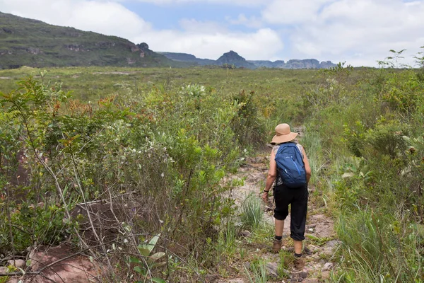 Visão Traseira Caminhante Feminino Usando Chapéu Paisagem Montanhosa — Fotografia de Stock