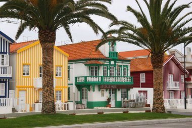 Costa Nova sahilindeki renkli evlerin güzel manzarası.