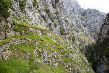 Kuzey İspanya 'da oyulmuş bir yürüyüş yolu ile dar ve sarp bir vadi boyunca iyi bilinen bir yürüyüş rotasındaki dağ yürüyüşçüleri..