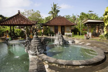 Bali geleneksel tapınak kompleksi bahçe, veranda, heykeller ve havuz