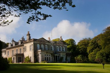 Bereketli yeşil çimlerin manzarası ve güneş ışığında eski bir bina.