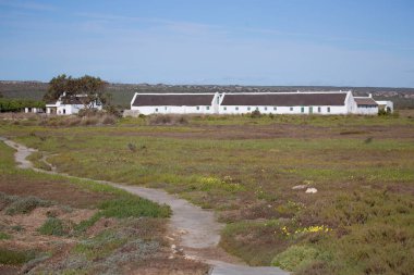 Hollanda 'nın tarihi eski çiftlik evi (Cape Dutch revival), kırsal bir kıyı bölgesinde