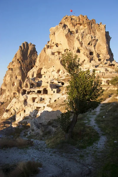 Famous Ancient Rock Dwellings Cappadocia Turkey Illuminated Early Morning Sunshine — Stock Photo, Image