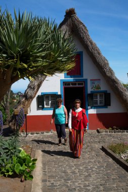 Santana, Madeira 'da samandan yapılmış üçgen çatılı turistik geleneksel çiftçi kulübeleri