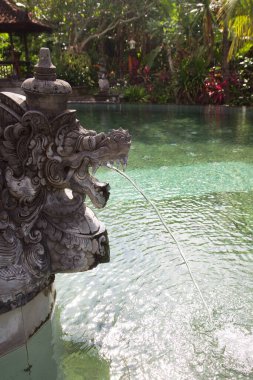 Bali geleneksel tapınak kompleksi bahçe, veranda, heykeller ve havuz