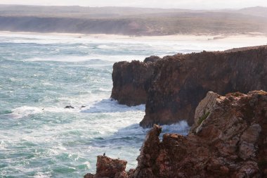 Kayalıkları ve mavi gökyüzü olan güzel sahil 