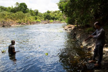 İnsanlar tropik ormanlarda suda yüzerler.