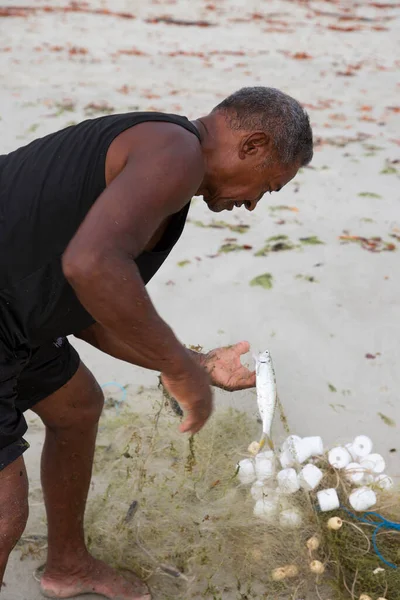 Plajda ağlarla çalışan balıkçılar, seyahat çekimleri.
