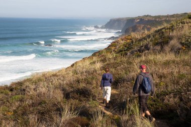 Denizin kıyısında yürüyen çift