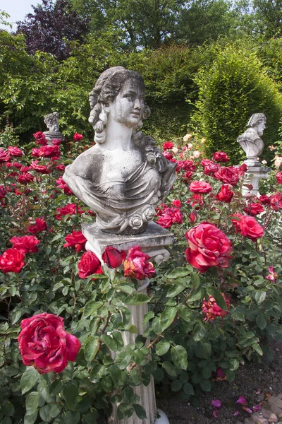 Botanik bahçesi manzaralı, heykeller ve çiçek açan.