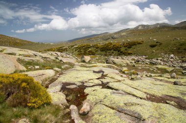 Bulutlu gökyüzünün altındaki dağlık manzaranın görüntüsü