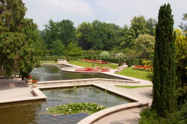 Havuzu ve yeşilliği olan güzel botanik bahçesi manzarası