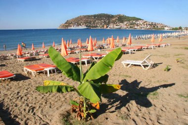 Güneşli halk plajı sahnesi ve denizdeki dağ