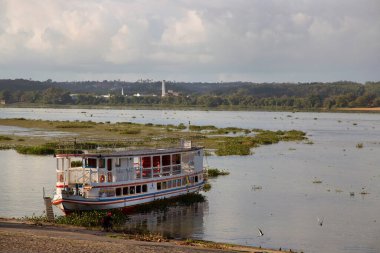 Yeşil tropikal körfeze demirlemiş tekne.