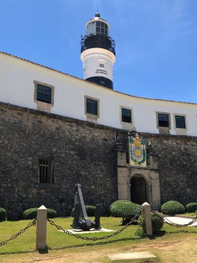 Deniz feneri ve gün ışığında yeşilliği olan eski bina.