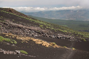 Etna Dağı 'nın krater kenarı lav tarlaları ve dik yamaçlar. Çakıl taşlarıyla kaplı. Güçlü öncü bitkiler tarafından büyütülmüş.