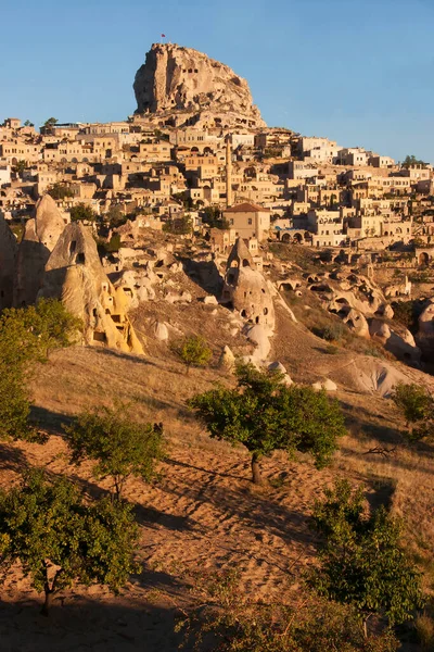 Berühmte Alte Felsenbehausungen Von Kappadokien Truthahn Beleuchtet Von Der Frühen — Stockfoto