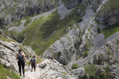 Kuzey İspanya 'da oyulmuş bir yürüyüş yolu ile dar ve sarp bir vadi boyunca iyi bilinen bir yürüyüş rotasındaki dağ yürüyüşçüleri..