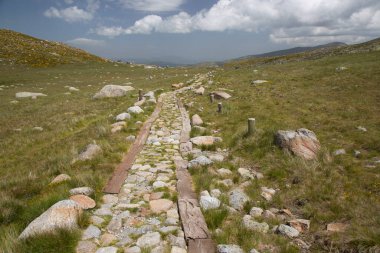 Bulutlu gökyüzünün altındaki dağlık manzaranın görüntüsü