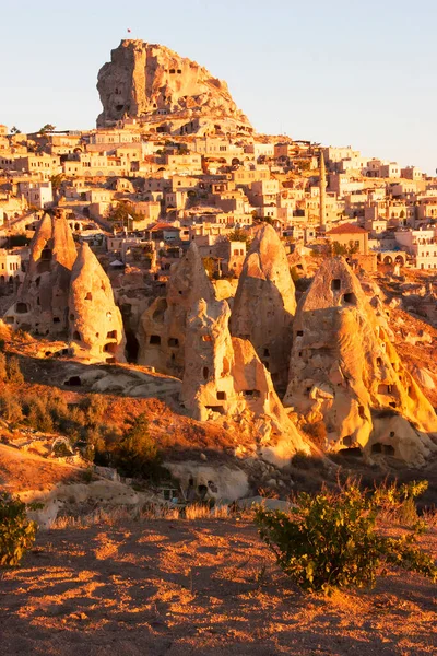 Famous Ancient Rock Dwellings Cappadocia Turkey Illuminated Early Morning Sunshine — Stock Photo, Image