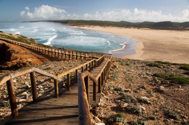 Tepe doğal kıyı manzarası, kum tepeleri ve uzun tahta kaldırımları olan alçak çalılıklar. 