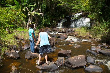 Tropik ormanlardaki şelalenin yakınındaki yaşlılar.