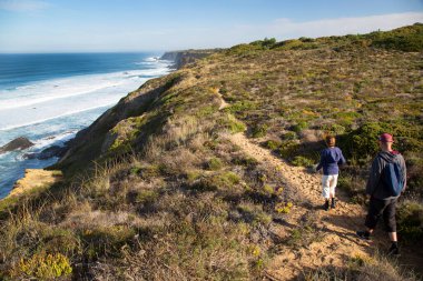 Denizin kıyısında yürüyen çift