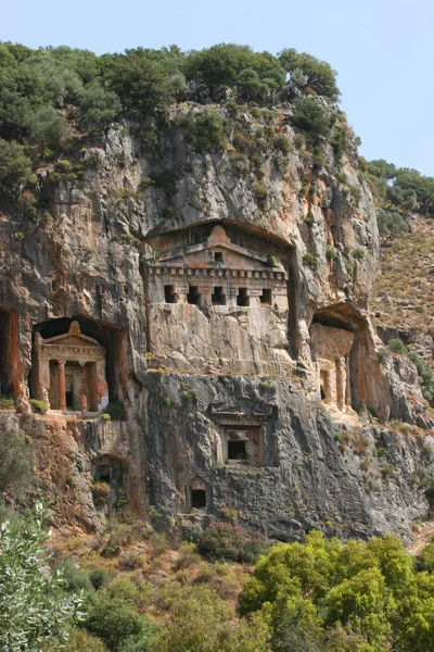 Tumbas Roca Lycian Lugar Del Entierro Las Rocas Ciudad Antigua —  Fotos de Stock