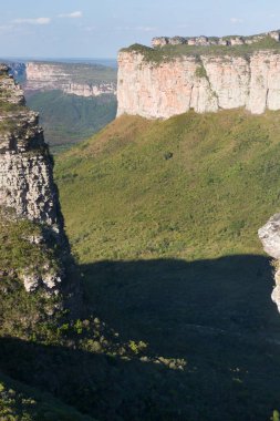 Güneşin yemyeşil olduğu kayalık manzaralı güzel bir manzara.