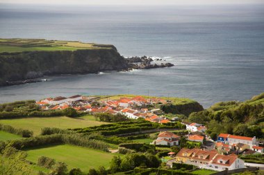 Yeşil çayır manzaralı güzel deniz manzarası ve kırmızı çatılı kır evleri. 