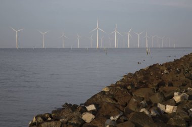 Polder hendeği yakınında temiz enerji üretimi için uzun bir sıra modern rüzgar türbinleri.