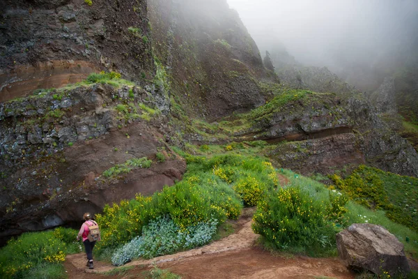 Dağ sırtının tepesinde, panoramik bir bakış açısı ve muhteşem volkanik dağ tepelerinin her iki tarafında da uçurumlar olan yürüyüş izleri.