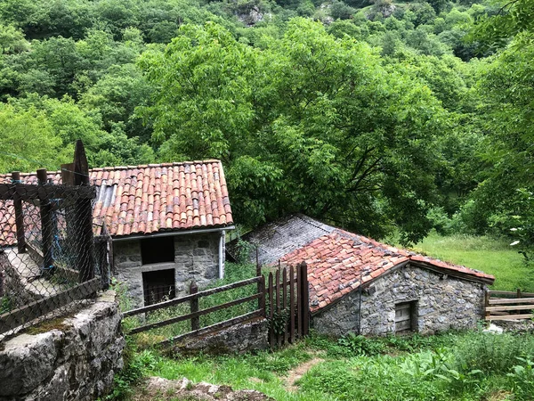 Yüksek dağ zirveleri arasındaki vadideki tipik tarım köyü.