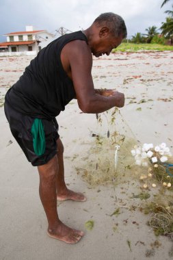 Plajda ağlarla çalışan balıkçılar, seyahat çekimleri.