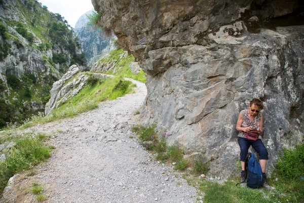 Ormanda sırt çantalı genç bir kadın turist.