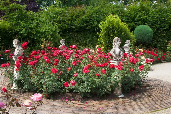 Botanik bahçesi manzaralı, heykeller ve çiçek açan.