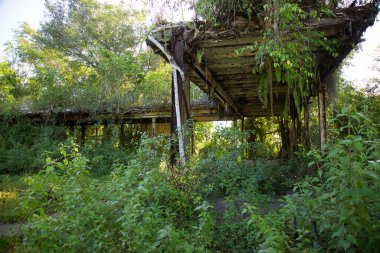 terk edilmiş tarihi koloni tarım ekipmanları ve ahşap ve taş evler ve fabrika ve atölye binaları