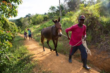 Yeşil sahnede iki Afrikalı adam ve atlı kadın.