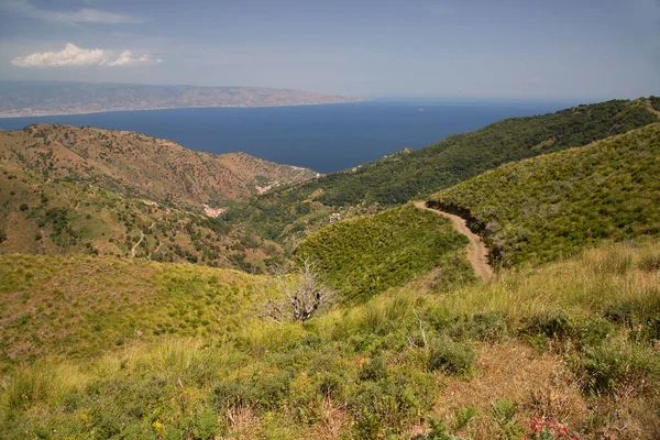 Όμορφη Σκηνή Καταπράσινους Λόφους Και Θάλασσα — Φωτογραφία Αρχείου