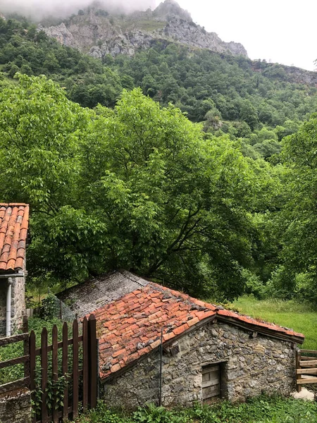 Yüksek dağ zirveleri arasındaki vadideki tipik tarım köyü.