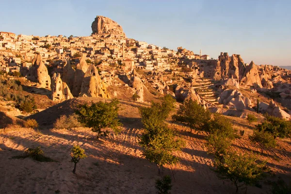 Famous Ancient Rock Dwellings Cappadocia Turkey Illuminated Early Morning Sunshine — Stock Photo, Image