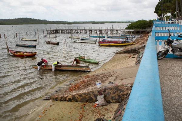 Pescadores Com Barcos Costa Tiro Viagem — Fotografia de Stock