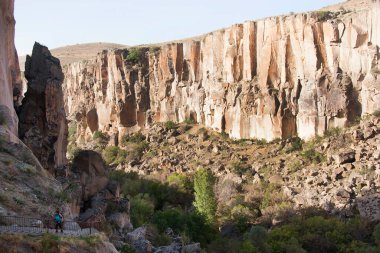 Ihlara Vadisi kanyonu. Nehir kıyısında yeşil ağaçlar var. Kanyon zemininde yüzüyor.
