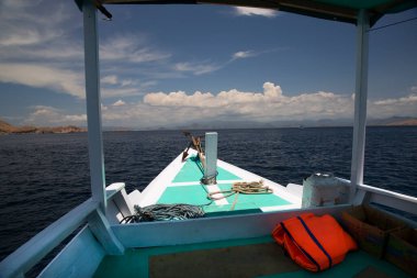 Güzel göl manzarası ve tekneden dağlar.