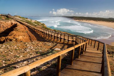 Tepe doğal kıyı manzarası, kum tepeleri ve uzun tahta kaldırımları olan alçak çalılıklar. 