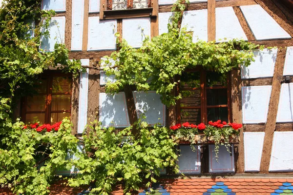 Gevels Van Huizen Met Bloemen Ramen Van Een Klein Dorp — Stockfoto