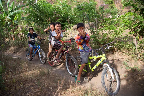 Doğada bisiklet süren mutlu Asyalı çocuklar, seyahat çekimleri.