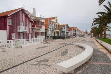 Costa Nova sahilindeki renkli evlerin güzel manzarası.